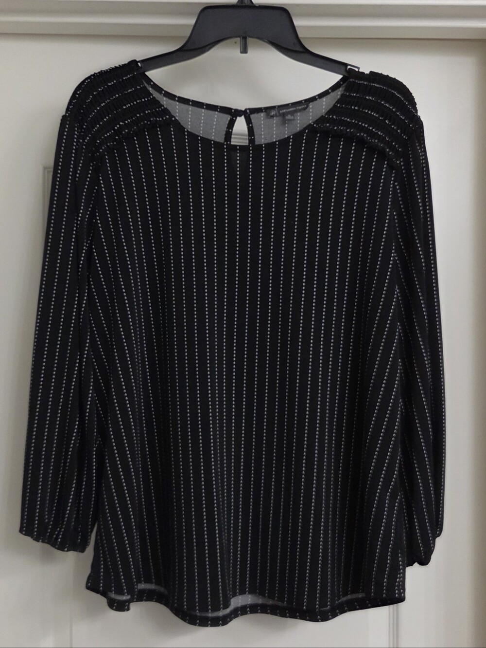 Adrianna Papell Black Pinstripe Beaded Neck Blouse